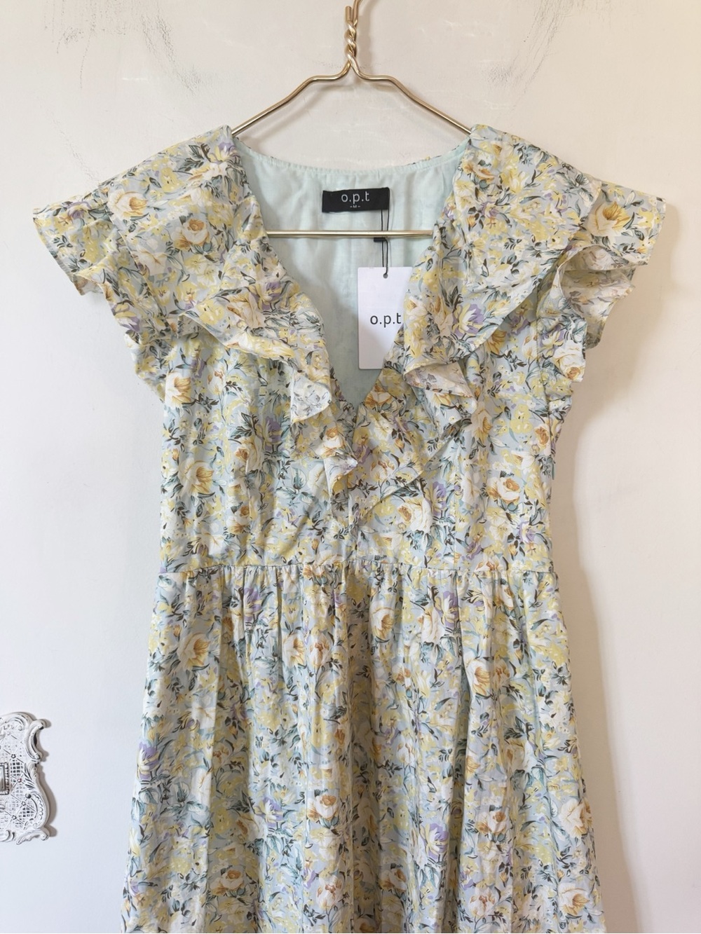 NWT O.P.T. Kate Yellow and Mint Green Floral Ruffle Flitter Sleeve Midi Dress M - Picture 7 of 12